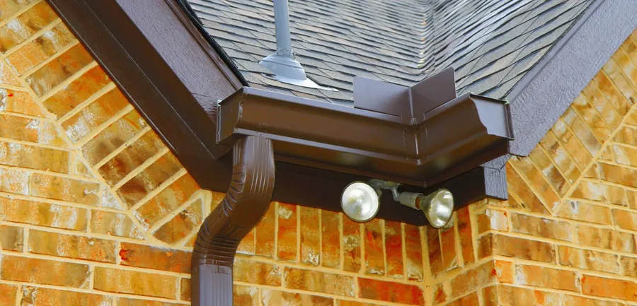 A brown seamless gutter corner and downspout on tan brick