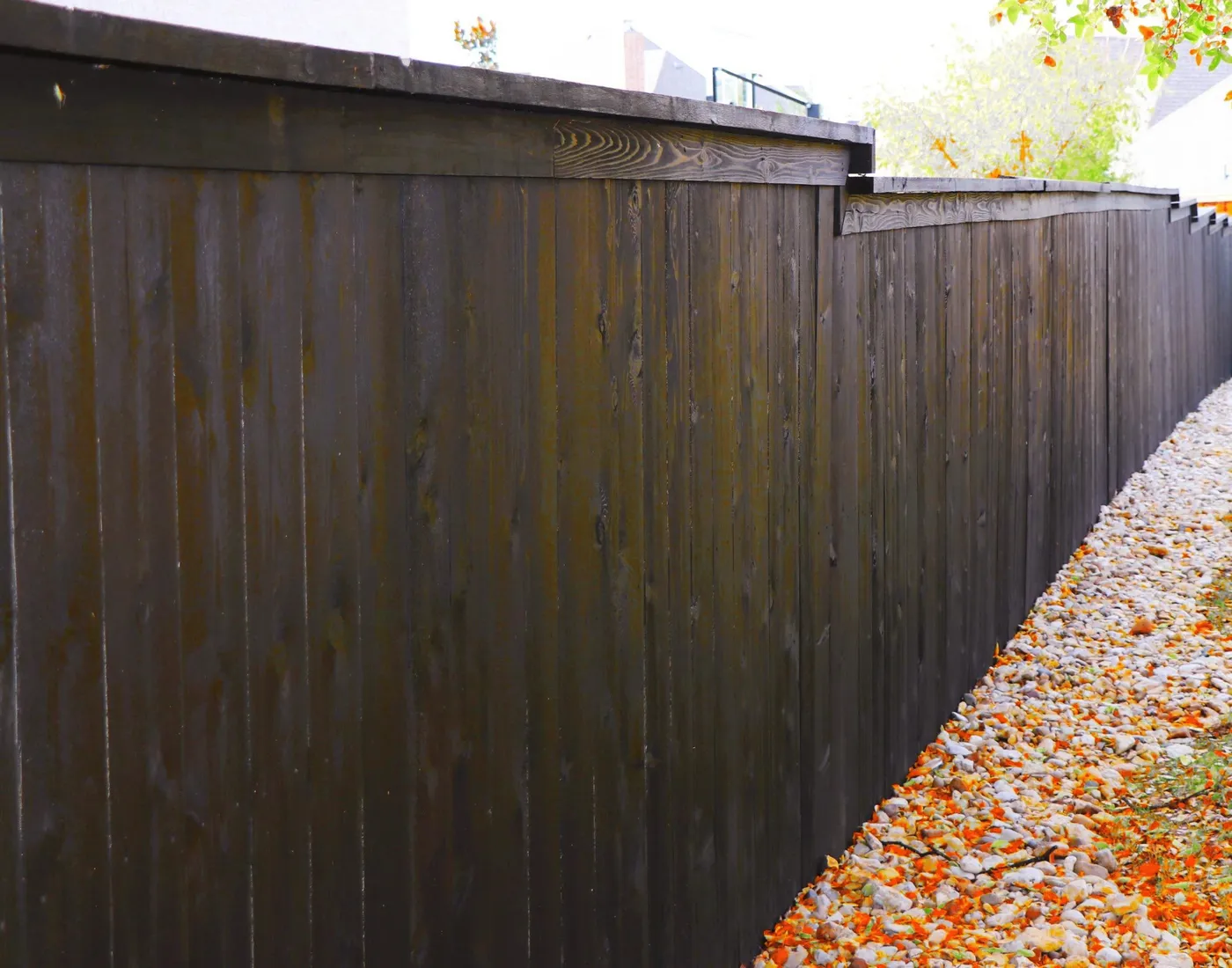 A tall dark-stained wood privacy fence with a cap rail